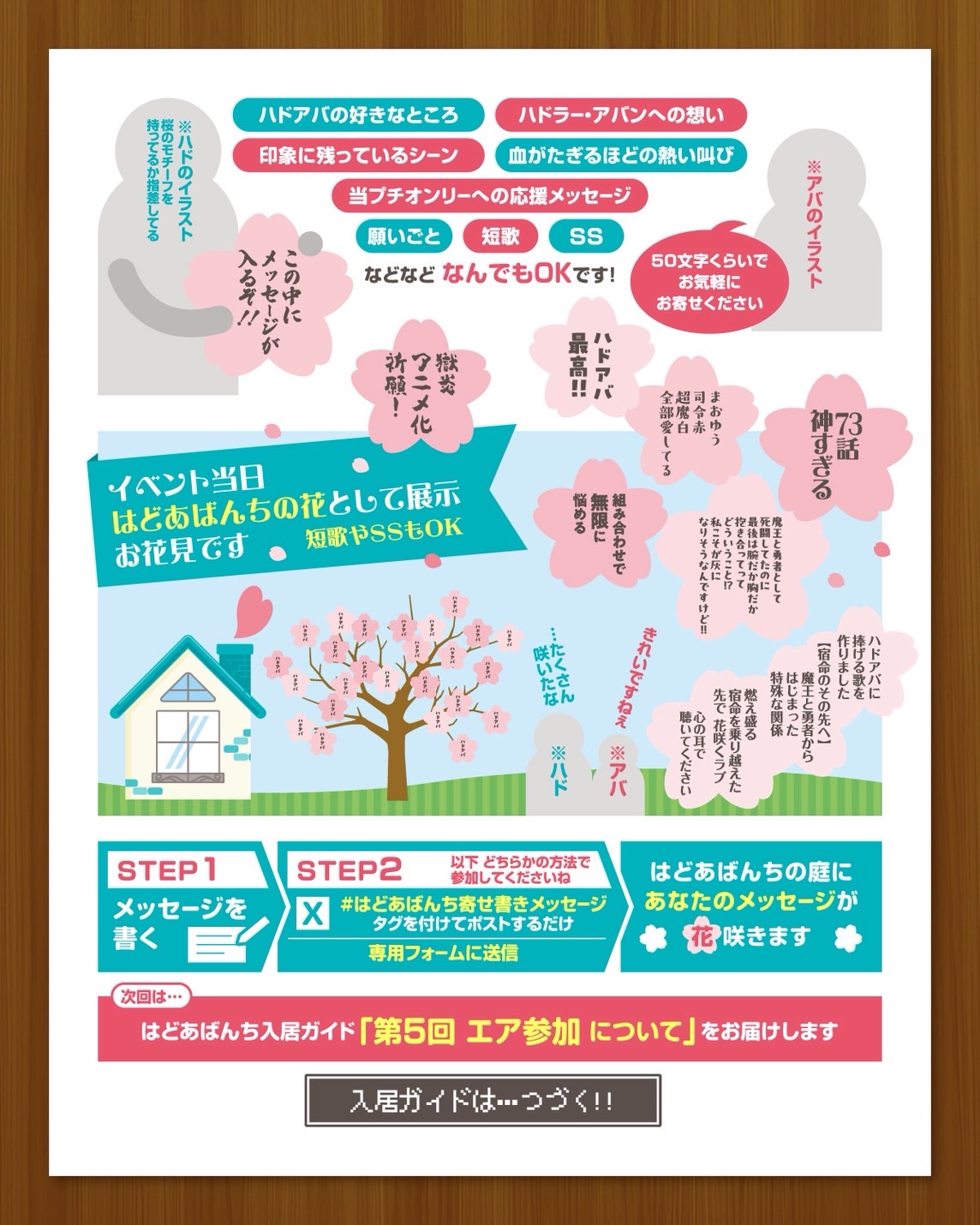 メッセージ参加のお題例と投稿方法のカード。好きなところ・想い・印象に残ったシーン・応援・短歌・SSなど何でもOKで、桜の木にメッセージが花のように咲くビジュアル。