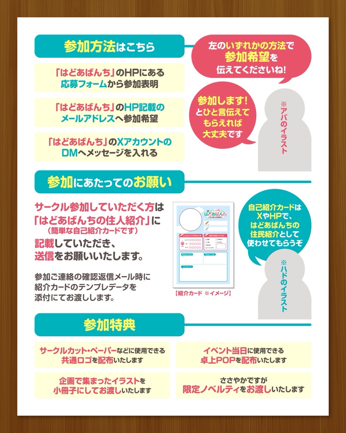 サークル参加の参加方法・参加にあたってのお願い・参加特典をまとめたカード。フォーム/メール/XのDMで参加表明、自己紹介カードの記入、共通ロゴや卓上POP・小冊子・限定ノベルティの特典が書かれている。